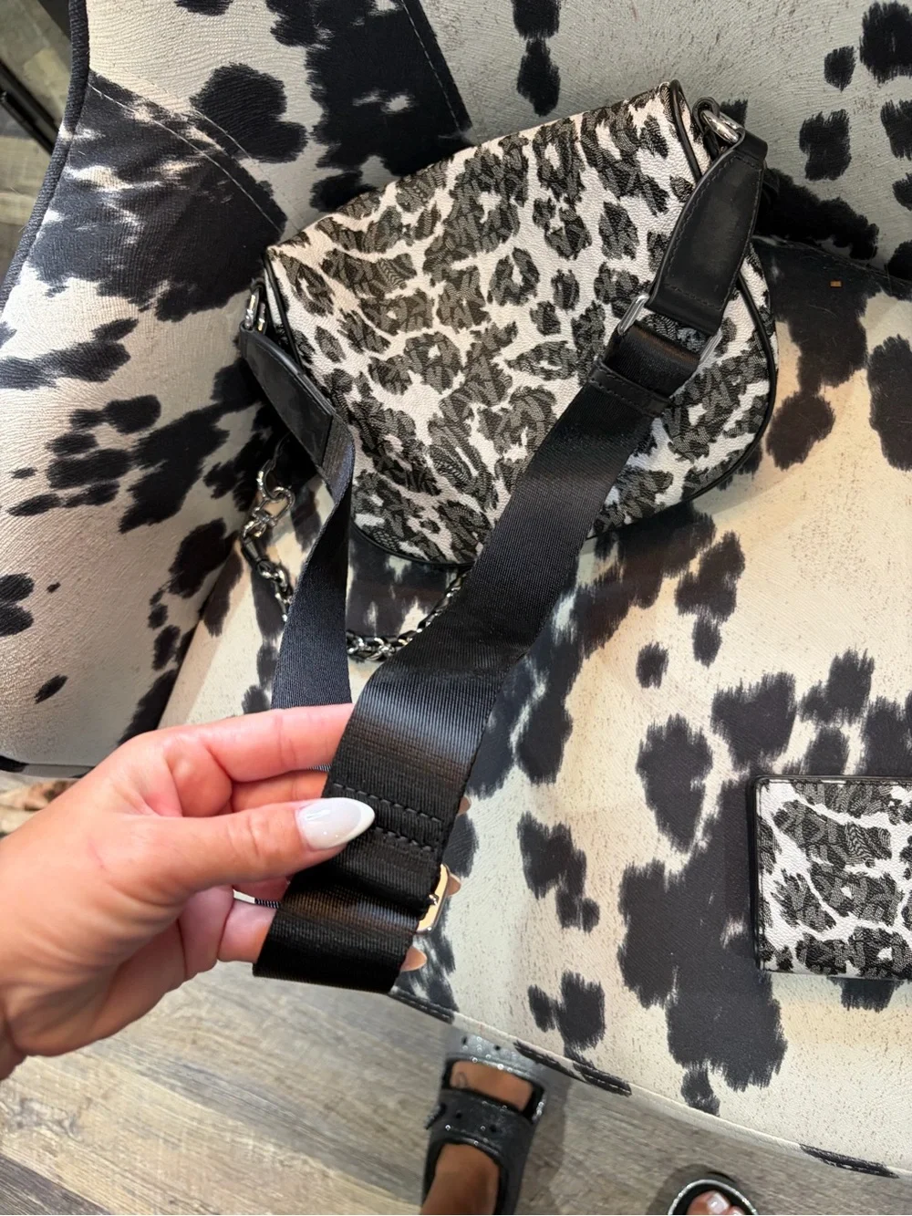 Michael Kors Black & Gray Leopard-Print Crossbody with Chain & matching wallet.